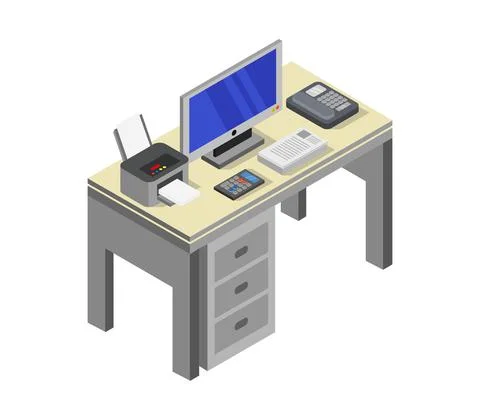 Vector isometric office desk on white background Stock Illustration