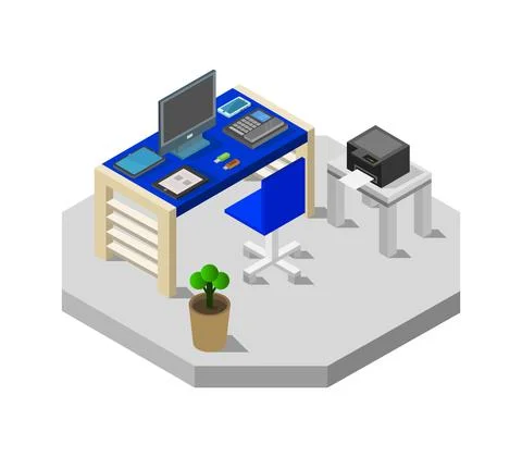 Vector isometric office desk on white background Stock Illustration