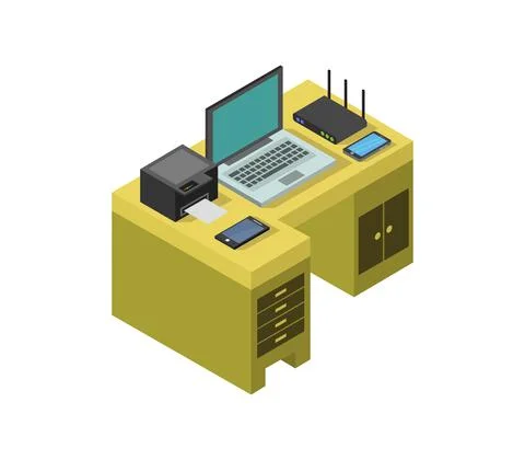 Vector isometric office desk on white background Stock Illustration
