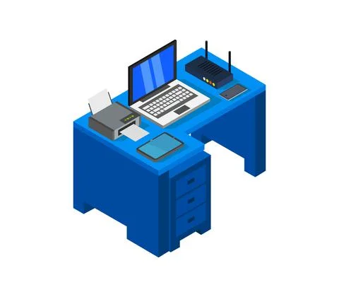 Vector isometric office desk on white background 스톡 일러스트