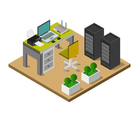 Vector isometric office desk on white background Stock Illustration