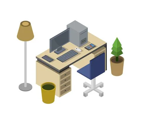 Vector isometric office desk on white background Stock Illustration
