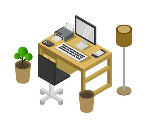 Vector isometric office desk on white background Illustrazione stock