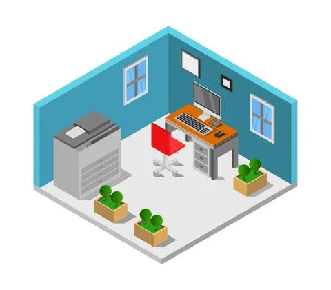 Vector isometric office desk on white background Stock Illustration