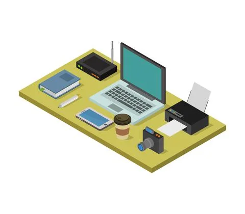 Vector isometric office desk on white background Stock Illustration