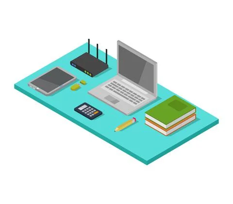 Vector isometric office desk on white background Stock Illustration