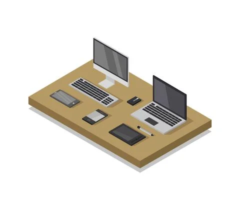 Vector isometric office desk on white background Stock Illustration