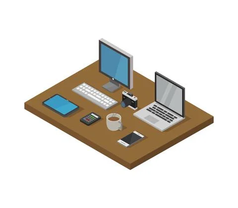 Vector isometric office desk on white background Stock Illustration