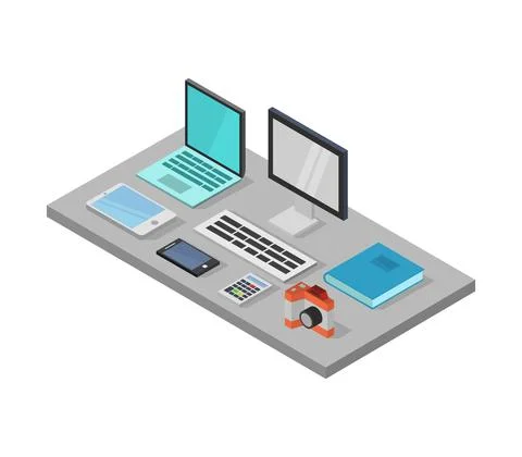 Vector isometric office desk on white background 스톡 일러스트