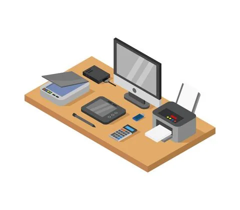 Vector isometric office desk on white background 스톡 일러스트