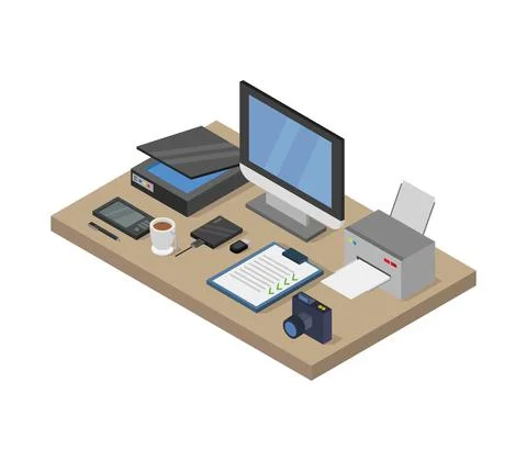 Vector isometric office desk on white background 스톡 일러스트