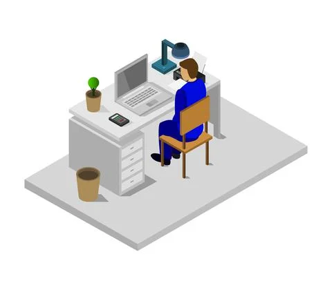 Vector isometric office desk on white background 스톡 일러스트