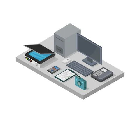Vector isometric office desk on white background 스톡 일러스트