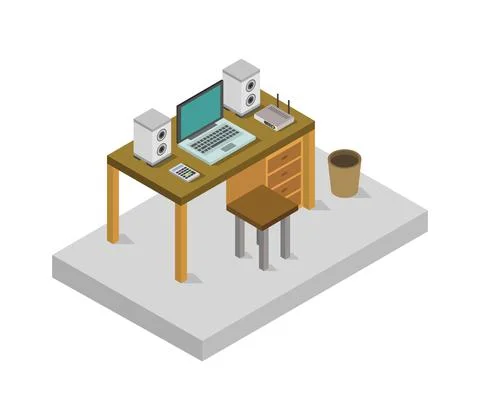 Vector isometric office desk on white background Illustrazione stock