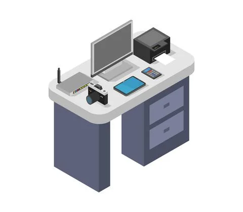 Vector isometric office desk on white background Illustrazione stock