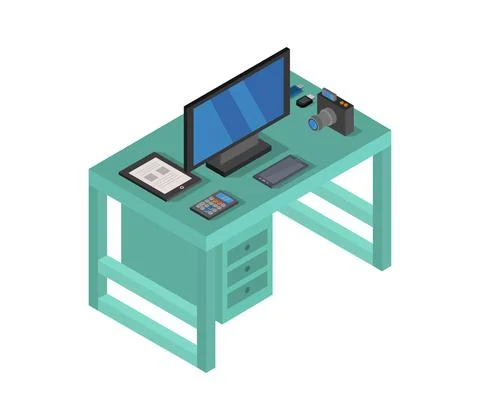 Vector isometric office desk on white background Stock Illustration