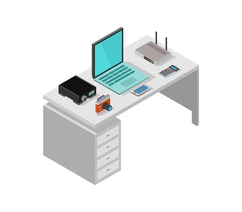 Vector isometric office desk on white background Stock Illustration