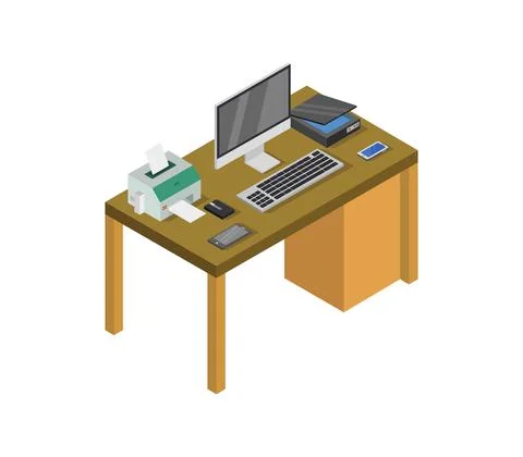 Vector isometric office desk on white background Stock Illustration