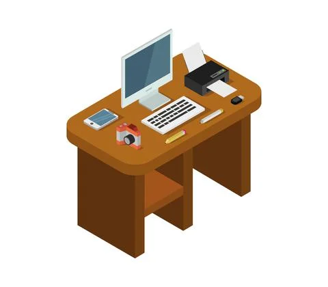 Vector isometric office desk on white background Stock Illustration