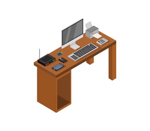 Vector isometric office desk on white background Stock Illustration