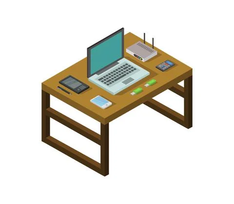 Vector isometric office desk on white background 스톡 일러스트
