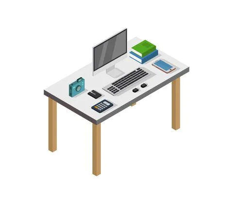Vector isometric office desk on white background 스톡 일러스트