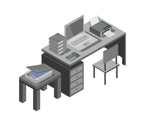 Vector isometric office desk on white background Illustrazione stock