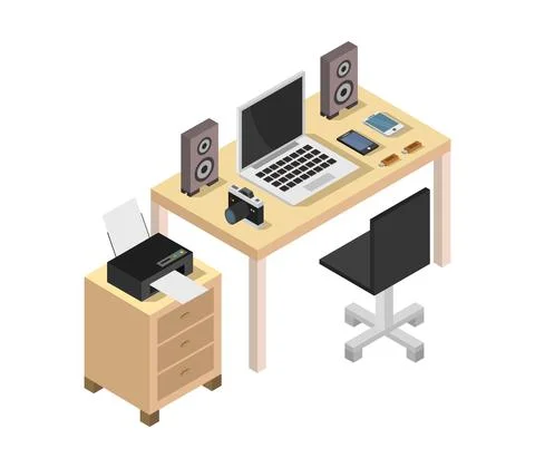 Vector isometric office desk on white background Stock Illustration
