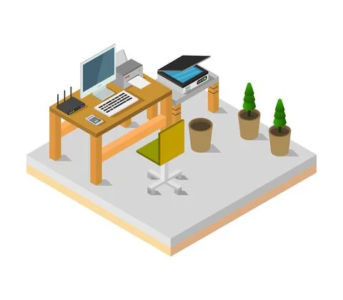 Vector isometric office desk on white background Stock Illustration