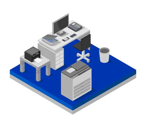 Vector isometric office desk on white background 스톡 일러스트