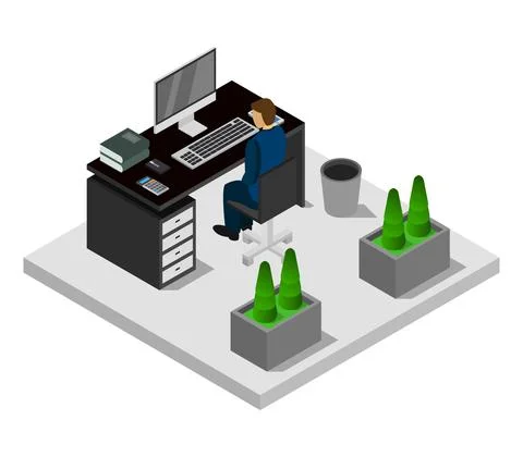 Vector isometric office desk on white background Stock Illustration