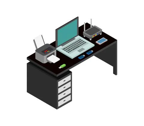 Vector isometric office desk on white background Stock Illustration