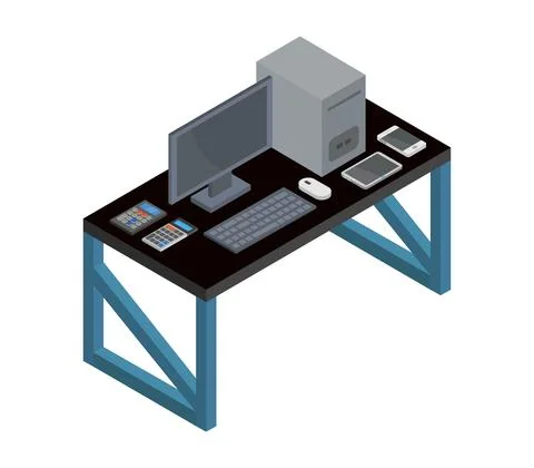 Vector isometric office desk on white background 스톡 일러스트