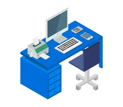 Vector isometric office desk on white background Stock Illustration