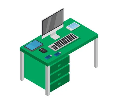 Vector isometric office desk on white background Stock Illustration