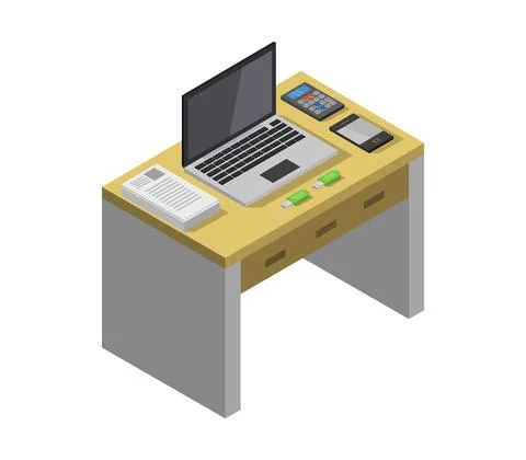 Vector isometric office desk on white background Stock Illustration