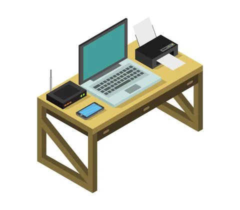 Vector isometric office desk on white background Stock Illustration
