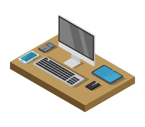 Vector isometric office desk on white background Stock Illustration