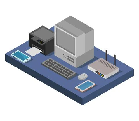 Vector isometric office desk on white background Stock Illustration