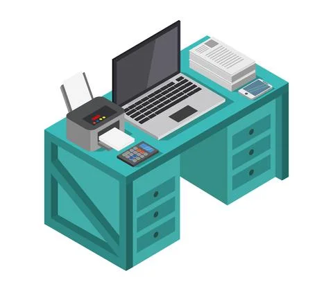 Vector isometric office desk on white background Stock Illustration