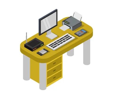 Vector isometric office desk on white background Stock Illustration