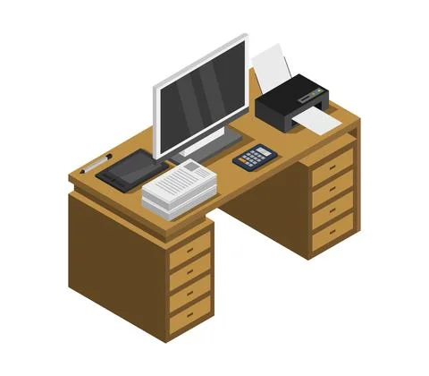 Vector isometric office desk on white background Stock Illustration