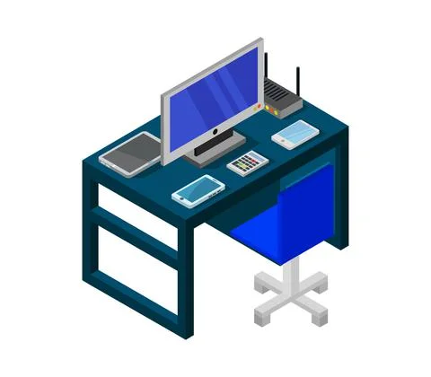 Vector isometric office desk on white background Stock Illustration