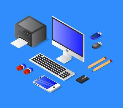 Vector isometric office desk on white background 스톡 일러스트