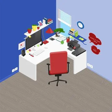 Vector isometric office workplace with objects and furniture. Detailed 3D Stockillustratie