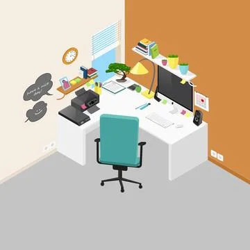 Vector isometric office workplace with objects and furniture. Detailed 3D Illustrazione stock