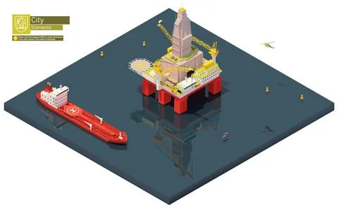 Vector isometric offshore drilling rig and tanker ship Stock Illustration