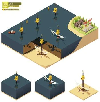 Vector isometric offshore tidal power plant turbines Stock Illustration