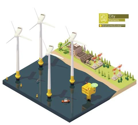 Vector isometric offshore wind farm Stock Illustration
