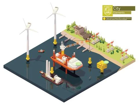 Vector isometric offshore wind farm construction Stock Illustration